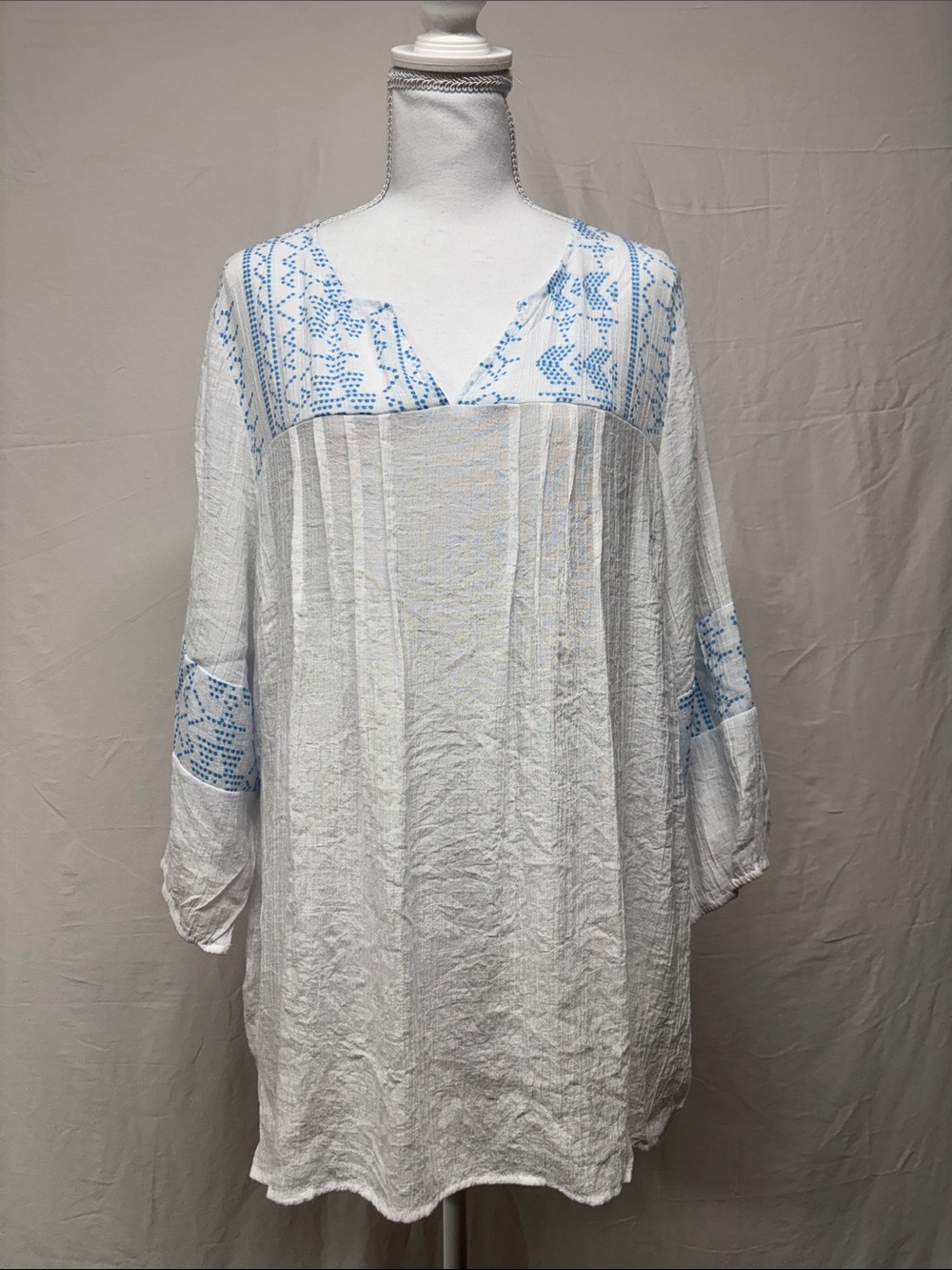 Penningtons White Tunic with Light Blue Embroidered Yoke